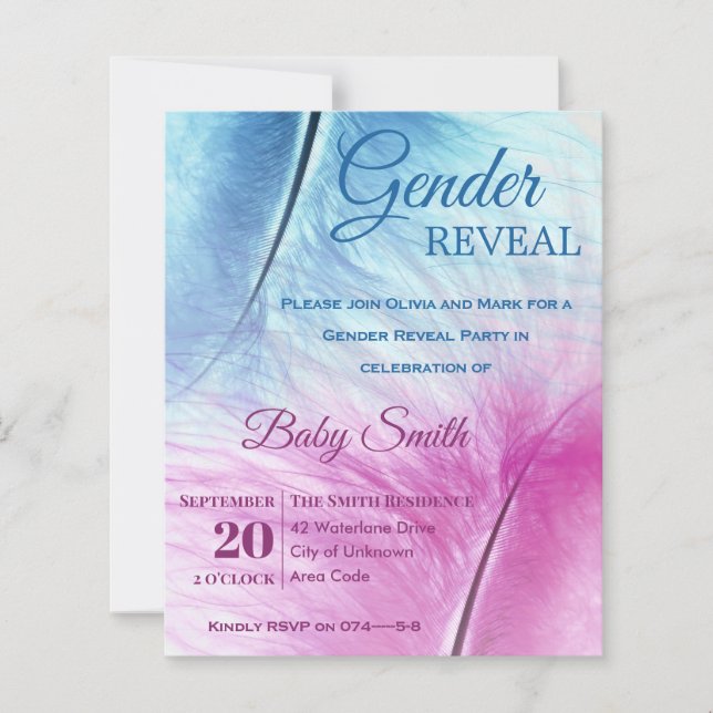 Elegant Blue Pink Feather Gender Reveal Invitation (Front)