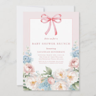 Elegant Blue Pink Floral Bow Baby Shower Brunch Invitation