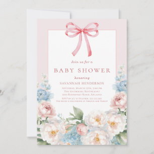 Elegant Blue Pink Floral Bow Baby Shower Invitation