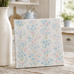Elegant Blue Pink Floral Ceramic Tile