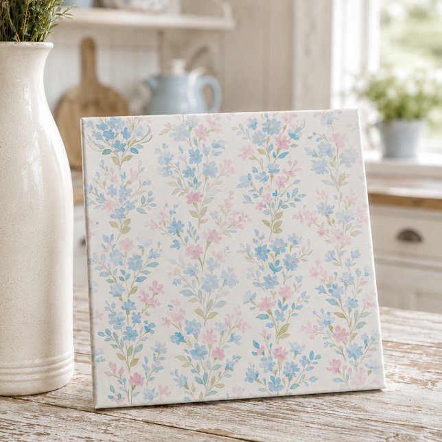 Elegant Blue Pink Floral Ceramic Tile (elegant sweet girly grandmillennial floral decorative tile for kitchen backsplash or bathroom)