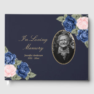 Elegant Blue Pink Floral Funeral Photo Guest Book