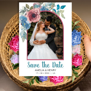 Elegant Blue & Pink Floral QR code Photo Wedding Save The Date