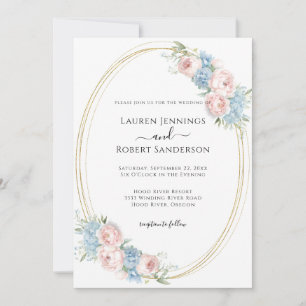 Elegant Blue Pink Floral Wedding Invitation