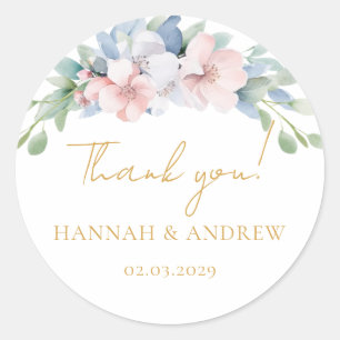 Elegant Blue Pink Flowers Wedding Classic Round Sticker