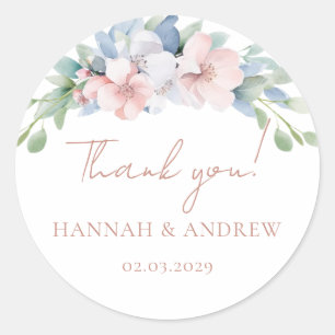 Elegant Blue Pink Flowers Wedding Classic Round Sticker