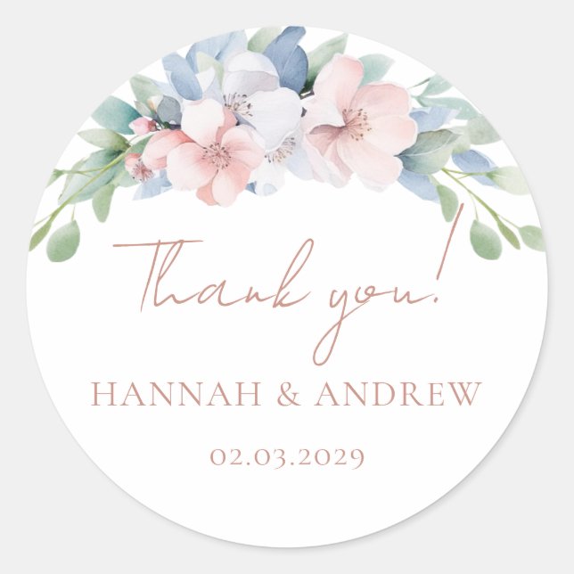 Elegant Blue Pink Flowers Wedding Classic Round Sticker (Front)