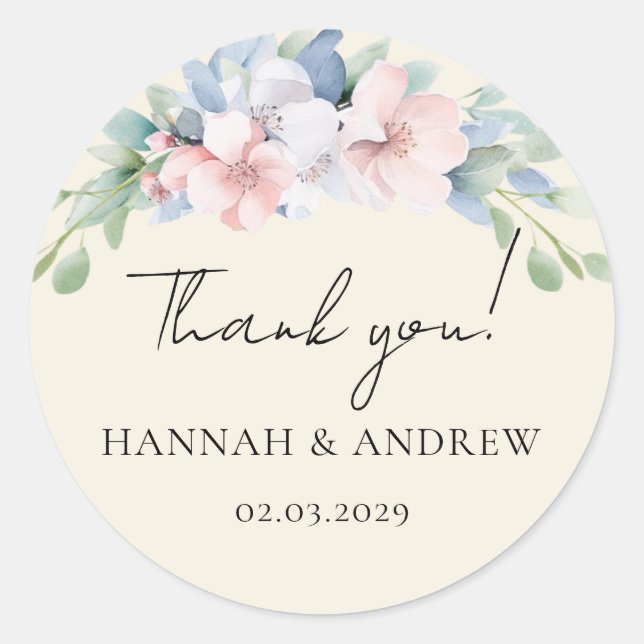 Elegant Blue Pink Flowers Wedding Classic Round Sticker (Front)