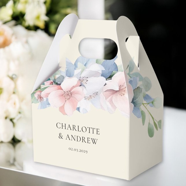 Elegant Blue Pink Flowers Wedding Favour Box (Elegant Blue Pink Flowers THANK YOU! Wedding Favor Boxes with your name and date.)