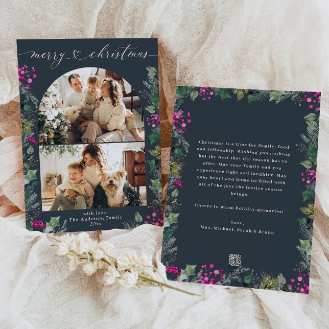 Elegant Blue Pink Foliage 2 Photo Christmas Card (Creator Uploaded)