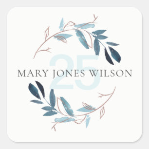 ELEGANT BLUE PINK FOLIAGE WREATH ANY AGE BIRTHDAY SQUARE STICKER