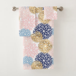Elegant Blue Pink Gold Dahlia Floral Bath Towel Set
