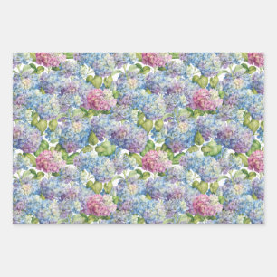 Elegant Blue Pink Hydrangea Floral Pattern Wrapping Paper Sheet
