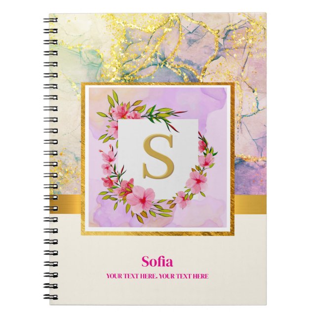 Elegant Blue Pink Liquid Marble Gold Monogram Name Notebook (Front)