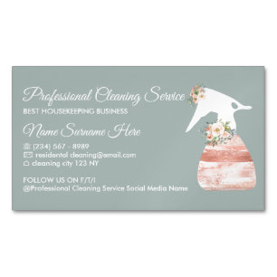 Elegant Blue Pink Maid Spray Flower Cleaning Magnetic Business Card