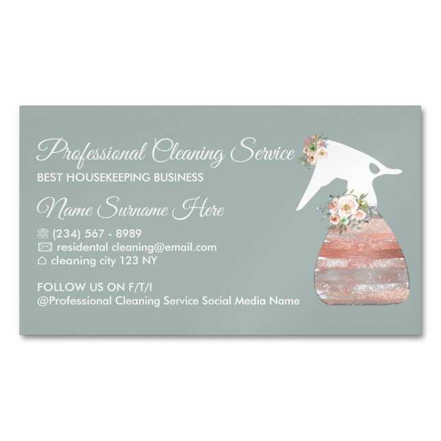 Elegant Blue Pink Maid Spray Flower Cleaning Magnetic Business Card (Front)