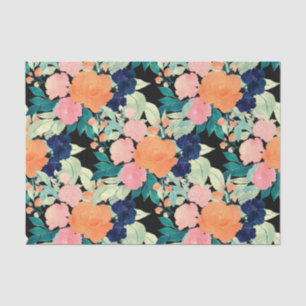 Elegant Blue Pink Orange Flowers Black Floral Tissue Paper