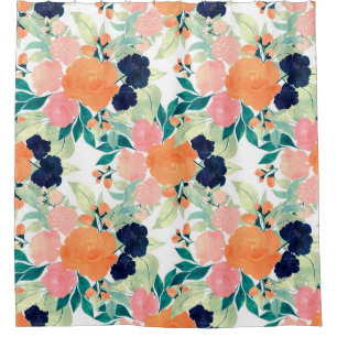 Elegant Blue Pink Orange Flowers Watercolor Floral Shower Curtain