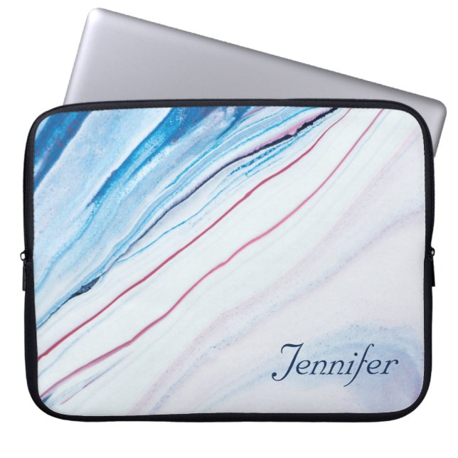 Elegant BLUE PINK PURPLE FAUX MARBLE PERSONALIZED Laptop Sleeve (Front)