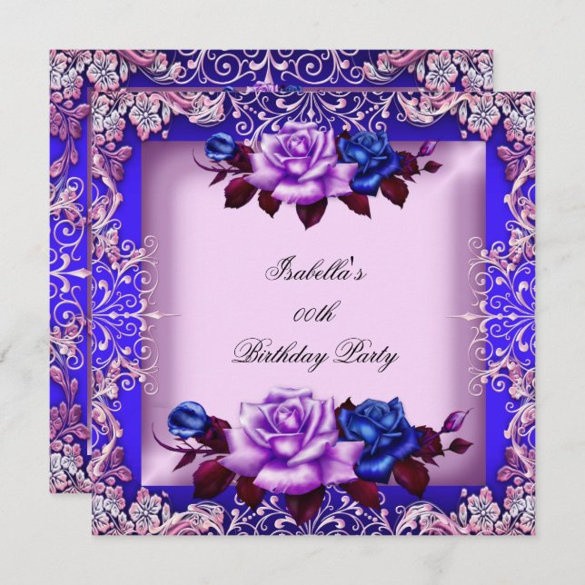Elegant Blue Pink Purple Lilac Rose Birthday Invitation (Front/Back)