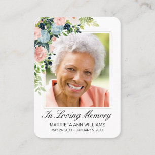 Elegant Blue Pink Rose Floral Photo Memorial Card