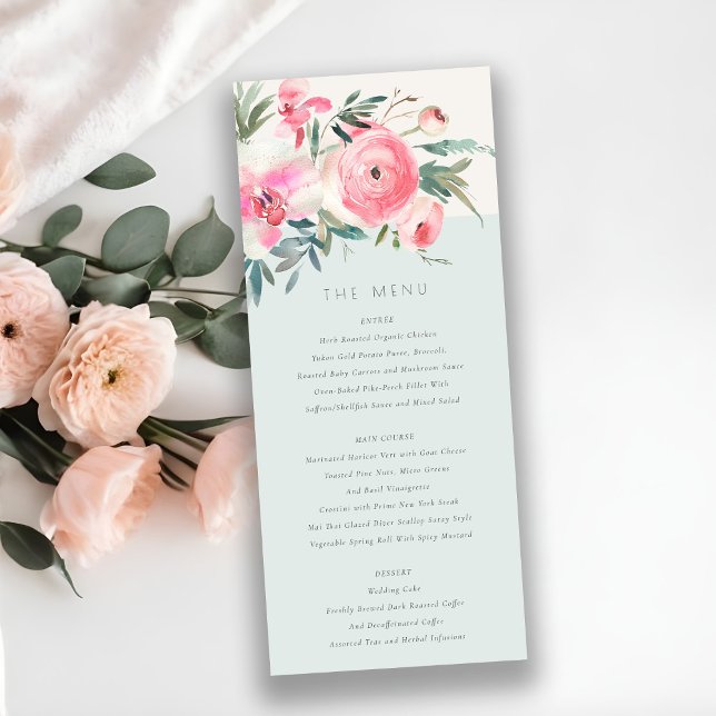 Elegant Blue Pink Rose Orchid Floral Wedding Menu Invitation (Creator Uploaded)