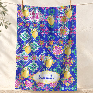 Elegant Blue Pink Sicilian Citrus Collage Tea Towel