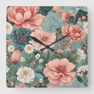Elegant Blue Pink Spring Summer Garden Floral Square Wall Clock