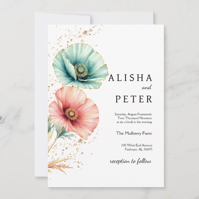 Elegant Blue & Pink Watercolor Wedding Invitation (Front)