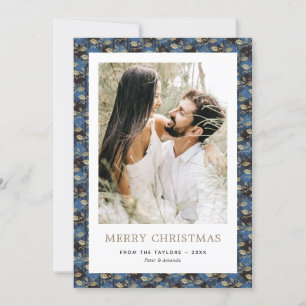 Elegant Blue Plaid Holly Photo Merry Christmas Holiday Card