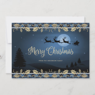 Elegant Blue Plaid Reindeer Santa Merry Christmas Holiday Card