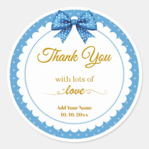 Elegant Blue Polka Dot and Bow Thank You Favour Classic Round Sticker