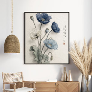 Elegant Blue Poppies Botanical Art Poster