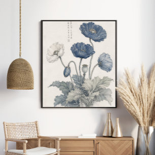 Elegant Blue Poppies Botanical Art Poster