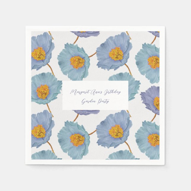 Elegant Blue Poppy Birthday Garden Party Napkin (Front)