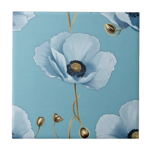 Elegant Blue Poppy On Soft Blue Ceramic Tile