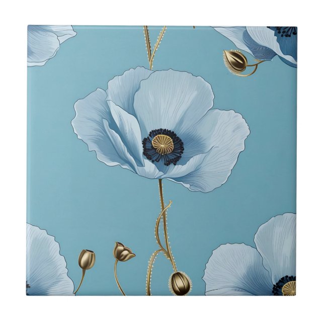 Elegant Blue Poppy On Soft Blue Ceramic Tile (Front)
