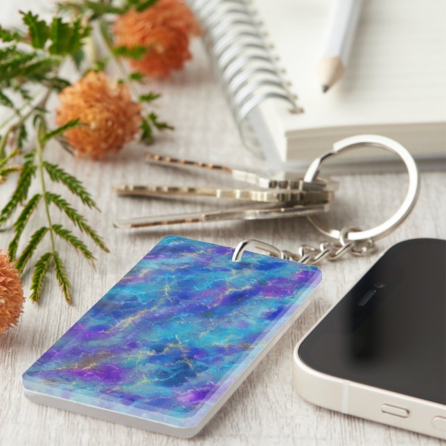 Elegant Blue, Purple, and Gold Marble Pattern Key Ring (Front Right)