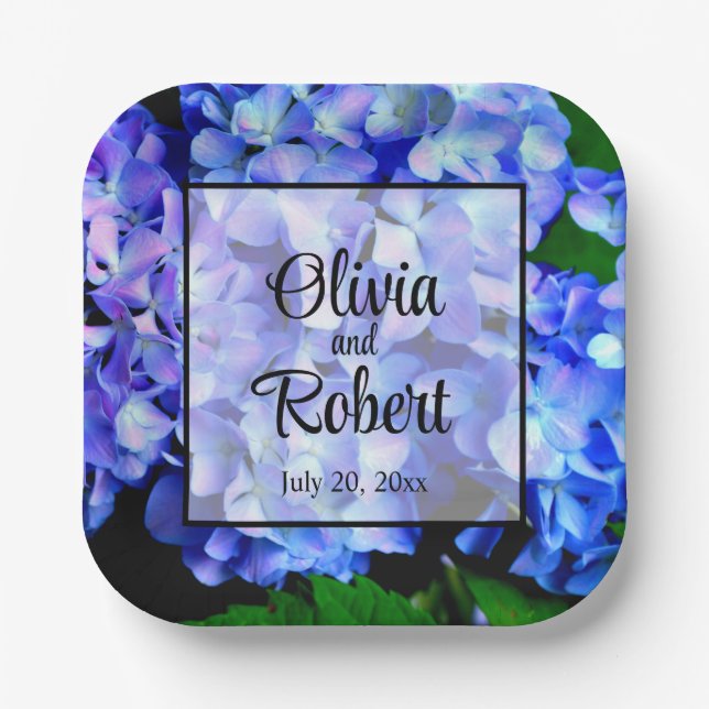 Elegant blue purple floral hydrangeas paper plate (Front)