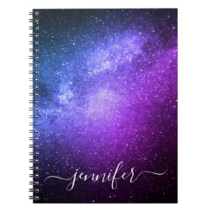 elegant blue purple galaxy stars personalised notebook