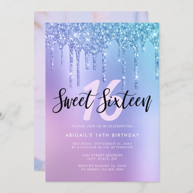 Elegant blue & purple glitter drips sweet sixteen invitation (Front/Back)