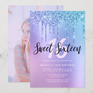 Elegant blue & purple glitter drips sweet sixteen invitation