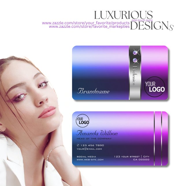 Elegant Blue Purple Gradient Silver Decor and Logo Business Card (Creator Uploaded)