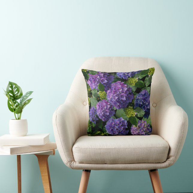Elegant blue purple magenta green floral hydrangea cushion (Chair)