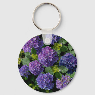 Elegant blue purple magenta green floral hydrangea key ring
