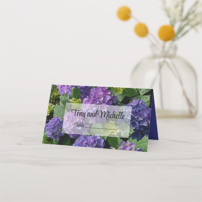 Elegant blue purple magenta green floral hydrangea place card (Front)