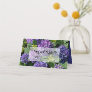 Elegant blue purple magenta green floral hydrangea place card