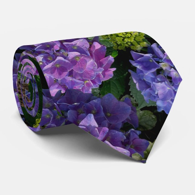 Elegant blue purple magenta green floral hydrangea tie (Rolled)