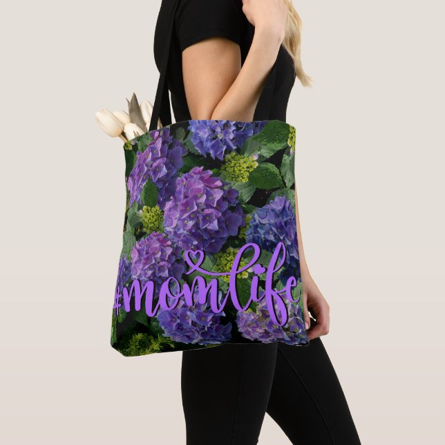Elegant blue purple magenta green floral hydrangea tote bag (Close Up)