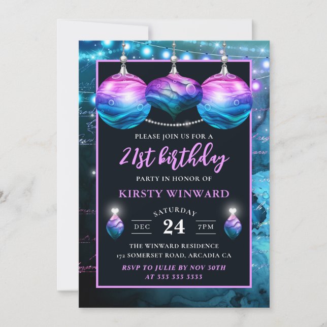 Elegant Blue & Purple Mermaid Baubles Birthday Invitation (Front)
